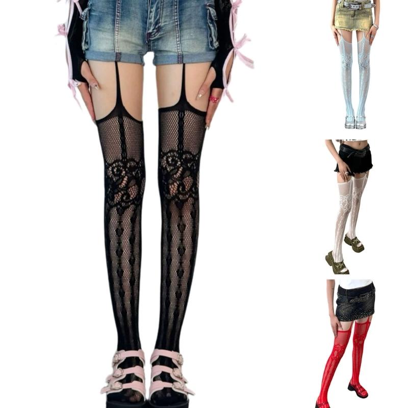 Women Subculture Fishnet Mesh Thigh High Stockings Sweet Heart Patterned Hollowed Garter Belt Pantyhose Suspender Tights