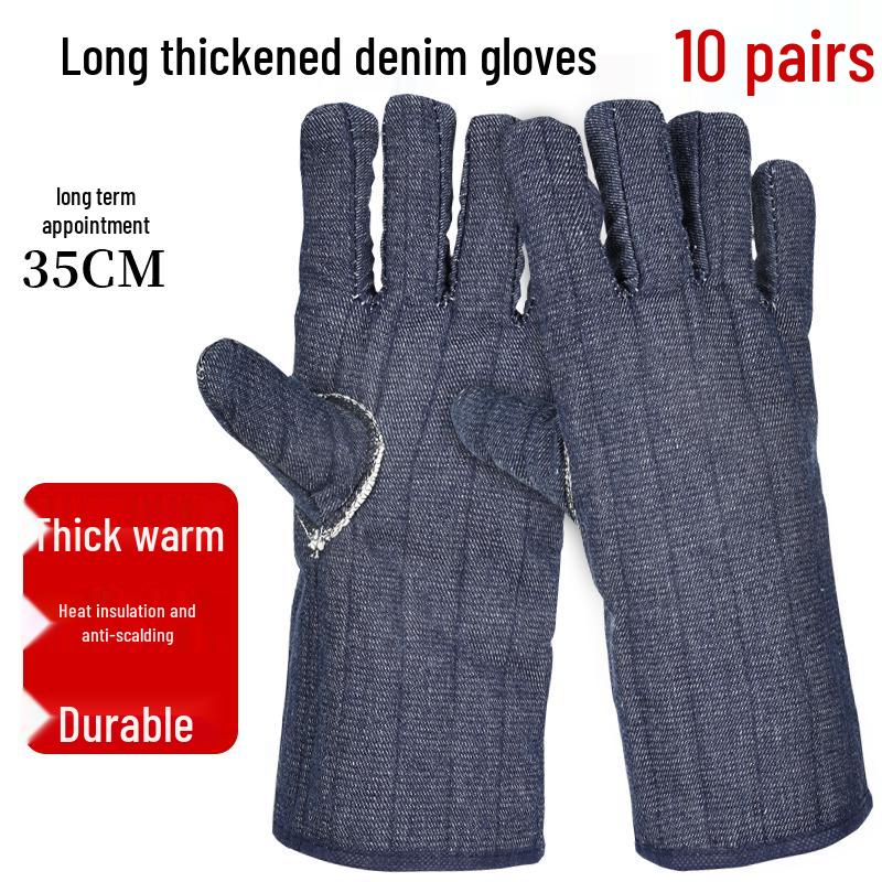 White Heat-Resistant Cotton Gloves: Anti-Scald, High-Temperature Protection, Five-Finger Design, Thickened for Kitchen and Winter Use.