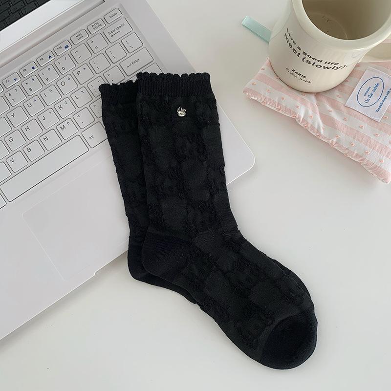 Female Spring and Autumn Cartoon Cute Pendant Relief Dark Flower Lace Tube Pile of Cotton Socks
