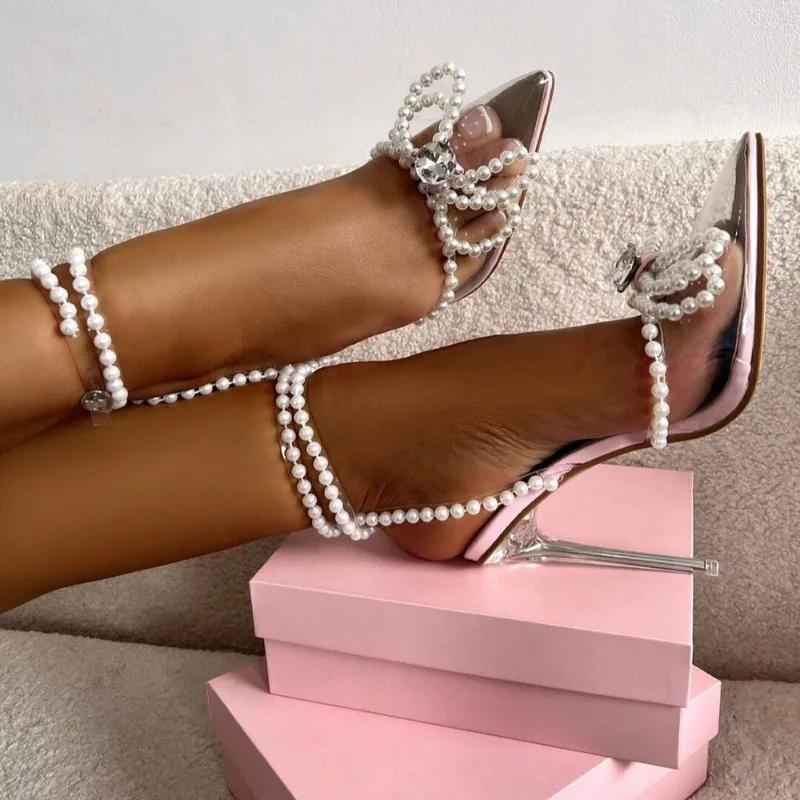 Fashion Sexy Transparent Pvc String Bead Women Thin High Heels Shoes Rhinestone Butterfly-Knot Clear Pointed Buckle Strap Sandals Pumps