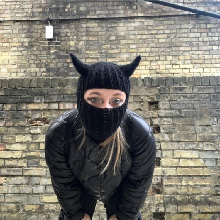 Knit Balaclava Cap Adult Novelty Beanie Hat with Devil Horns Fashion Winter Hat