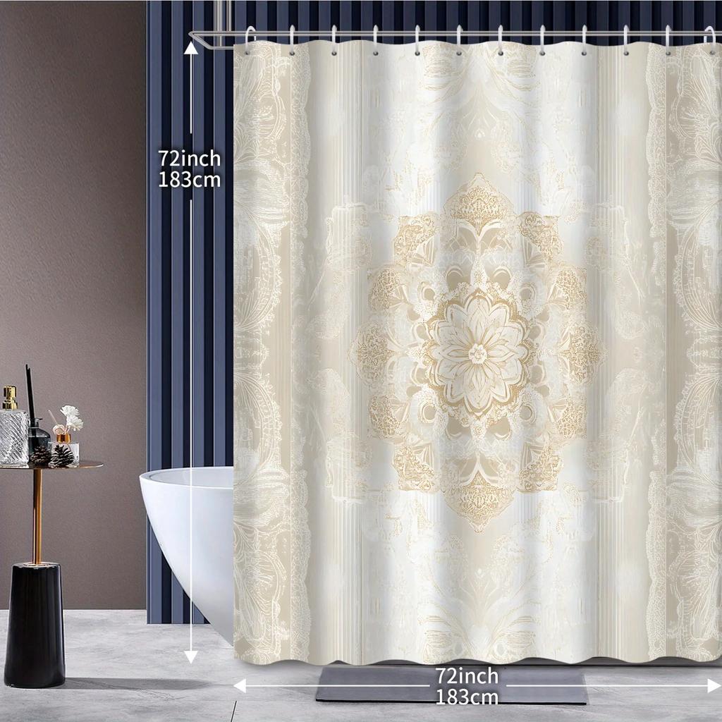 1pc Bohemian Style Golden Yellow Mandala Pattern Printed Shower Curtain, Polyester Fabric with 12 Hooks, Bath Curtain and