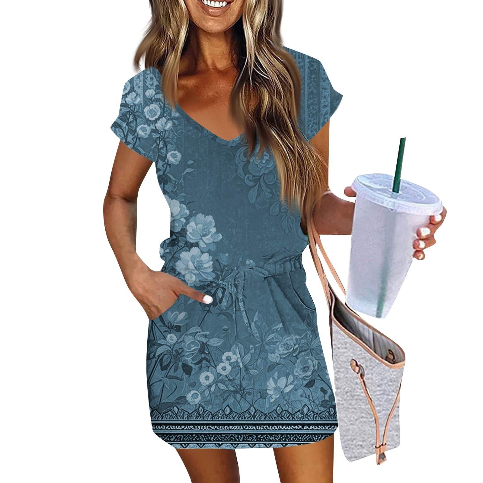 

Жіночі модні повсякденні сукні з V-подібним вирізом і короткими рукавами на шнурках з вінтажними квітковими принтами XL