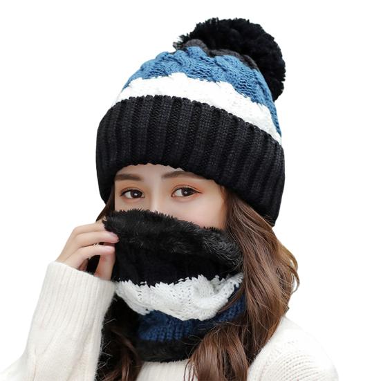 

2 шт./компл. Осенне-зимние женские шапки-бини, шарф, контрастная цветная полоска, плюшевая подкладка, пушистый помпон, вязаная шапка для улицы чёрный