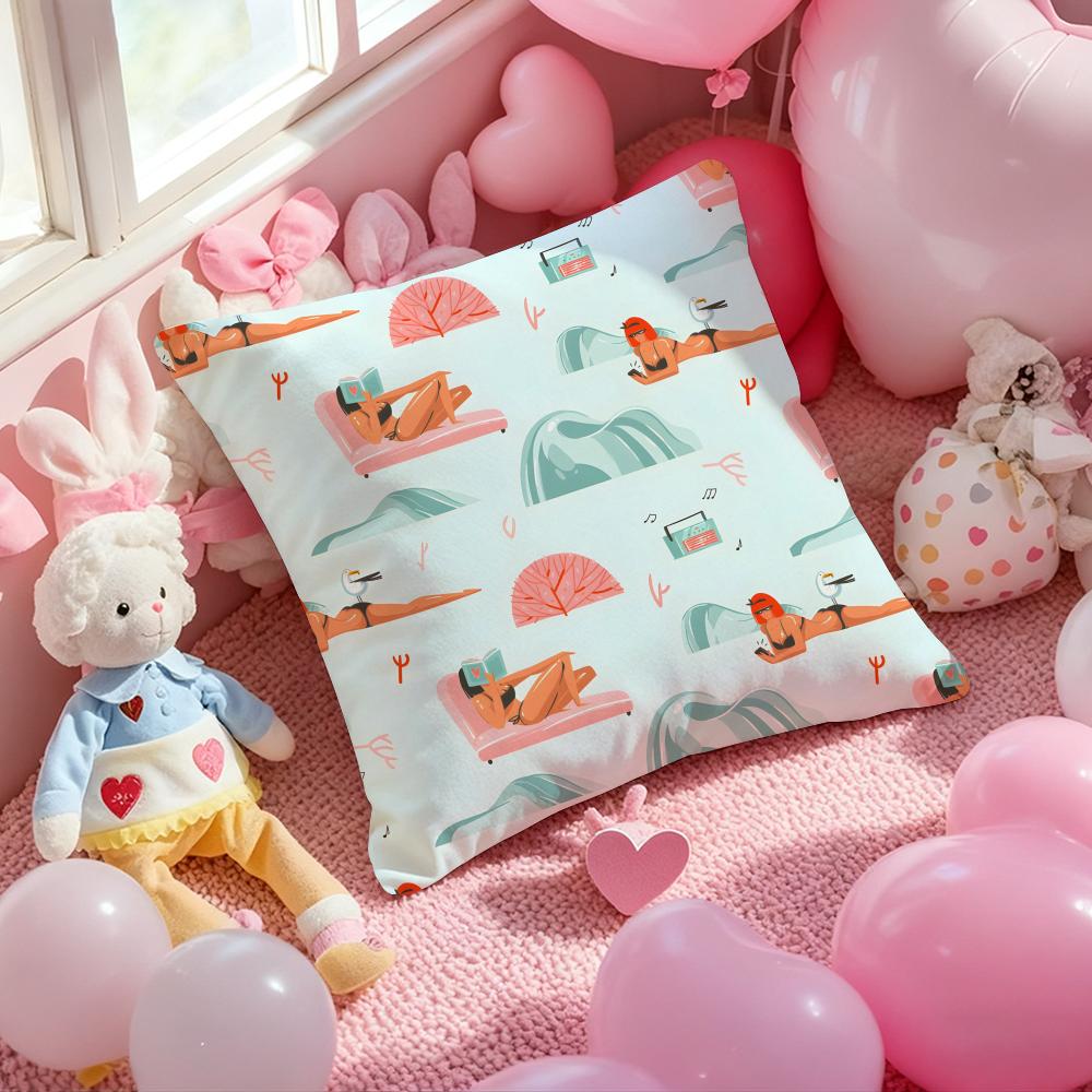 Summer vacation beach cartoon illustration Cushion Pattern Printed Pillowcase for Living Room Sofa Cushion Cover & Bedroom Decor