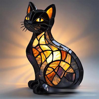 Cat Lamp Stained Glass, Retro Magic Cat Stained Resin Tabletop Night Light, Cute Pet Themed Led Lamp Gift for Dog Cat Lovers