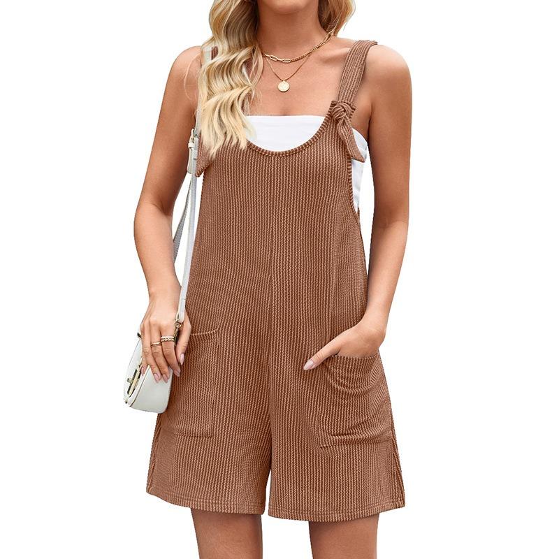 Damen Freizeit Ärmellos Taschen Gerade Locker Träger Kurzer Overall Jumpsuit