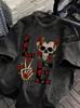 Skull Love Rose Gothic Graphic Print T Shirt Washed Casual Loose Streetwear Daily Wear Short Sleeve Dark Style Top