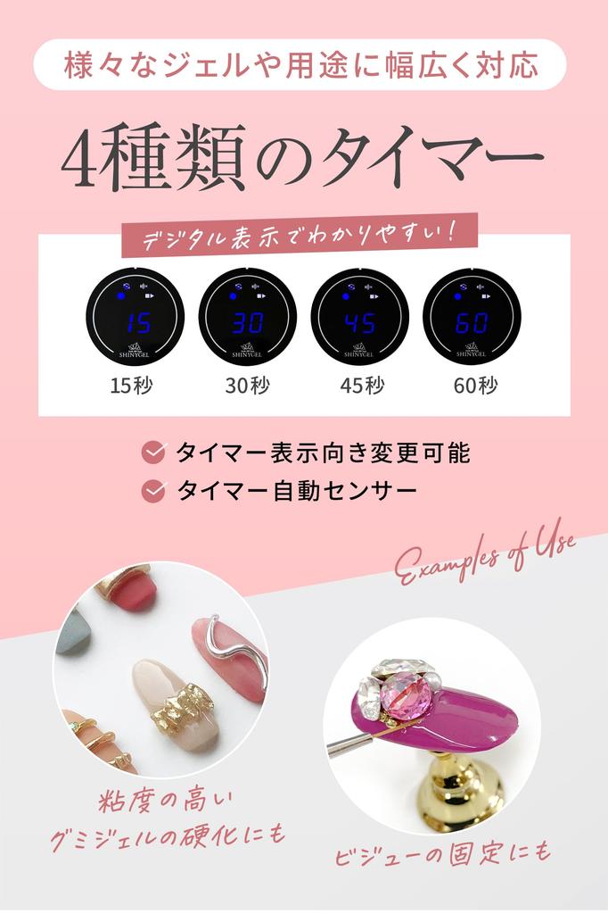 SHINYGEL 18W LED Lamp for Gel Nails Features include a reduced curing heat adjustable display and no UV - sensor, 4-stage timer, mode, orientation,