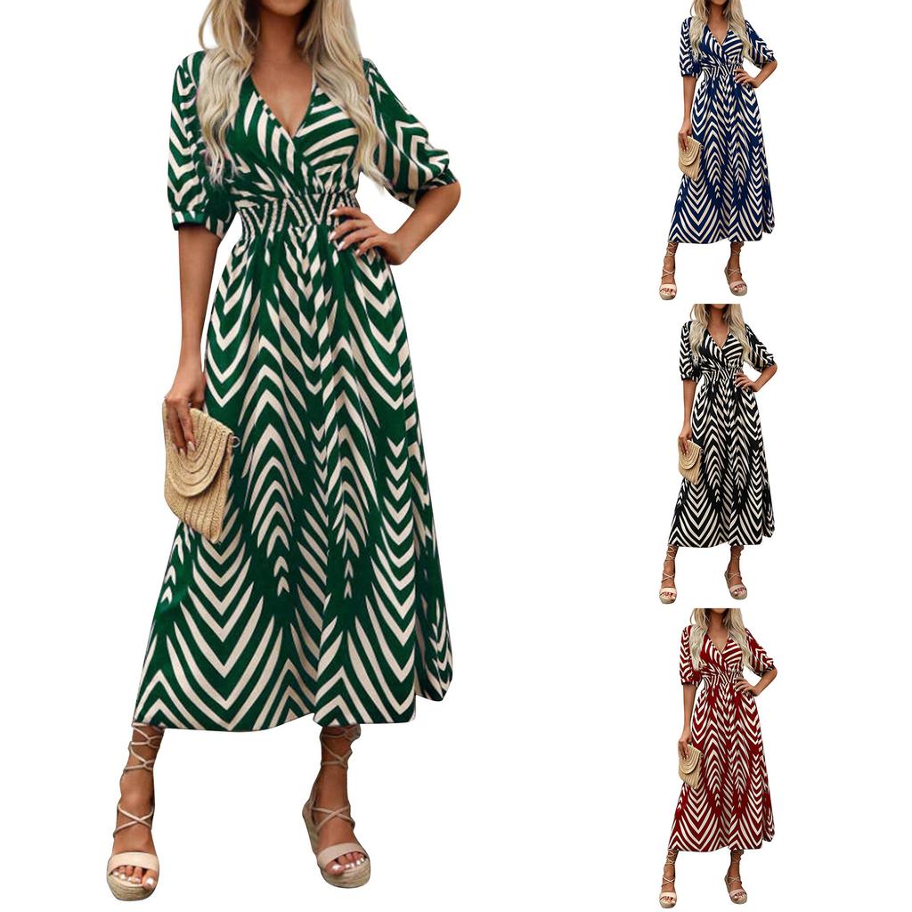 Ladies' Summer Loose Half-sleeved V-neck Blouse With Loose And Tight Waistline Casual Dress