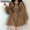 Women Temperament Pure Desire Wind Solid Color Lantern Sleeve A Line Dress Retro Design Sense Niche Long Sleeve Belt Corduroy Dresses