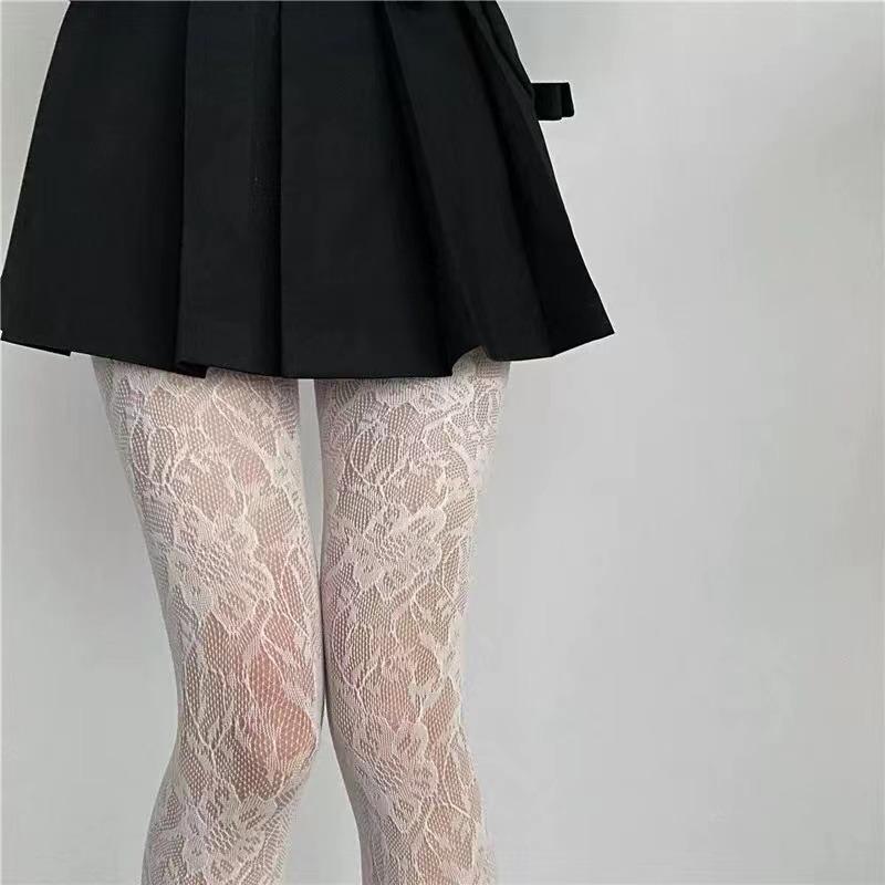 White Socks Women Sexy Fishnet Stockings Femme Summer Thin Flower Mesh Pantyhose Elastic Slimming High Waist Hollow Out Tights