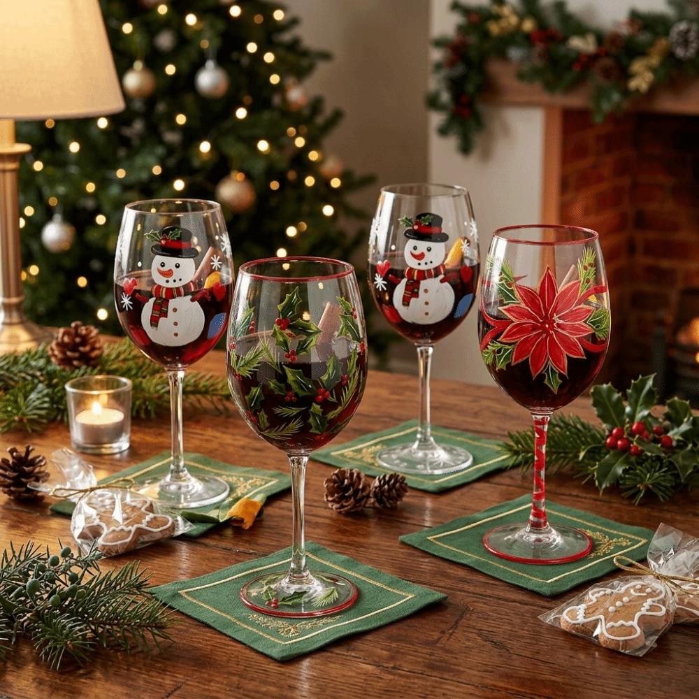 2D Hand Painted Christmas Wine Glass Poinsettia Red Wine Cup Clear Stemmed Cup Home Bar