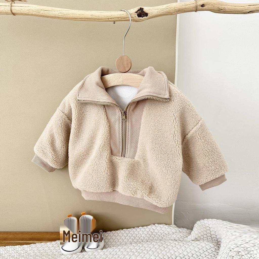 Winter Lambswool Hoodie for Babies - Thickened Velvet, High Collar, Long Sleeve