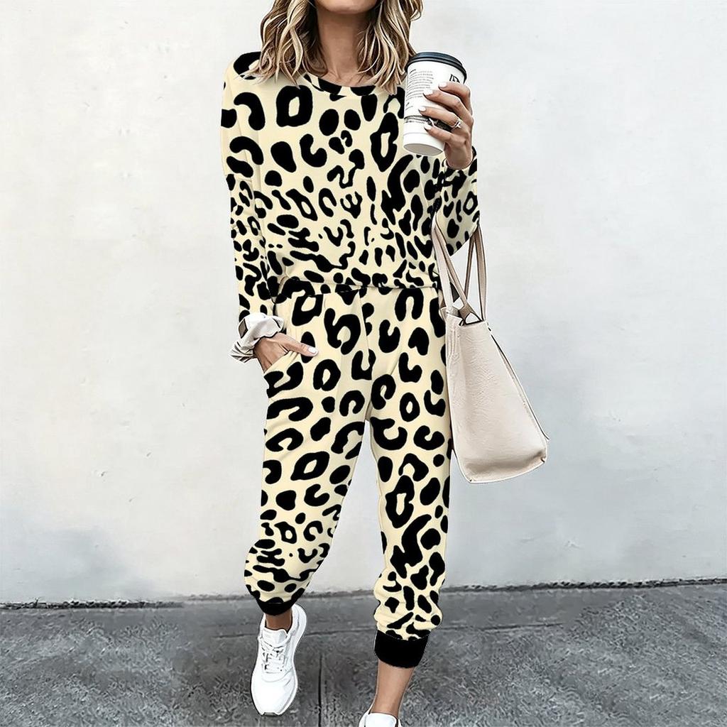 Women Loose Round Neck Long Sleeve Shirt And High Waist Straight Leg Pants Two Piece Daily Leisure Suit