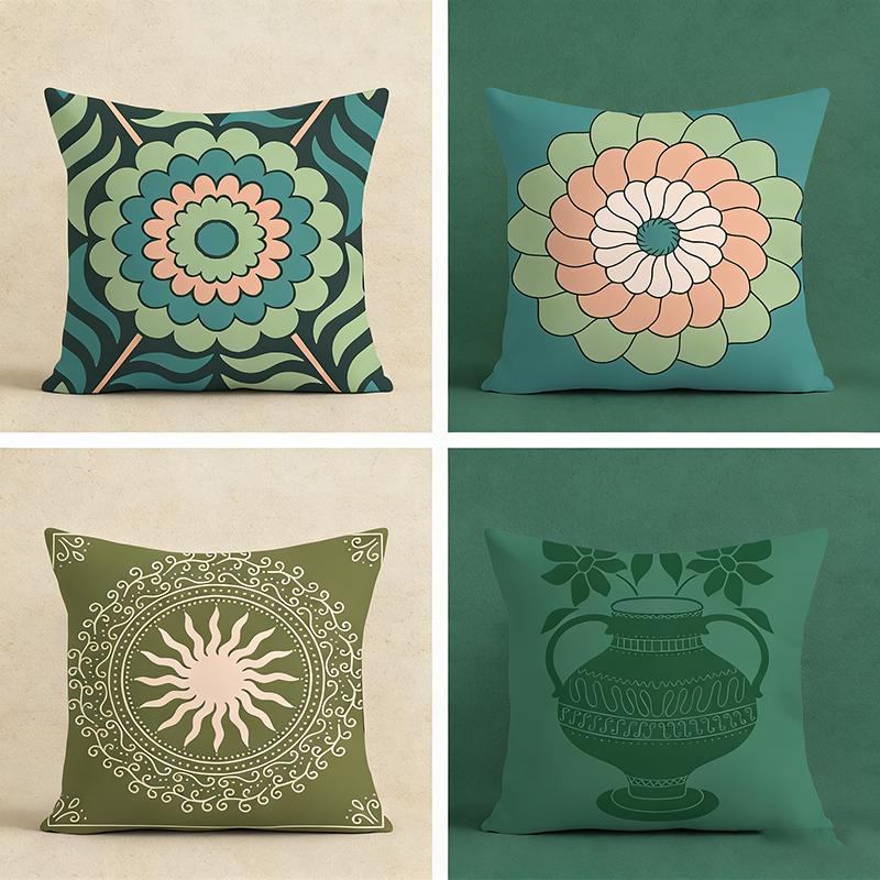 Boho Green Floral Mandala Cushion Cover Peach Skin Retro Sun Throw Pillow Case For Living Room Sofa Bed Couch Home Decor Indoors