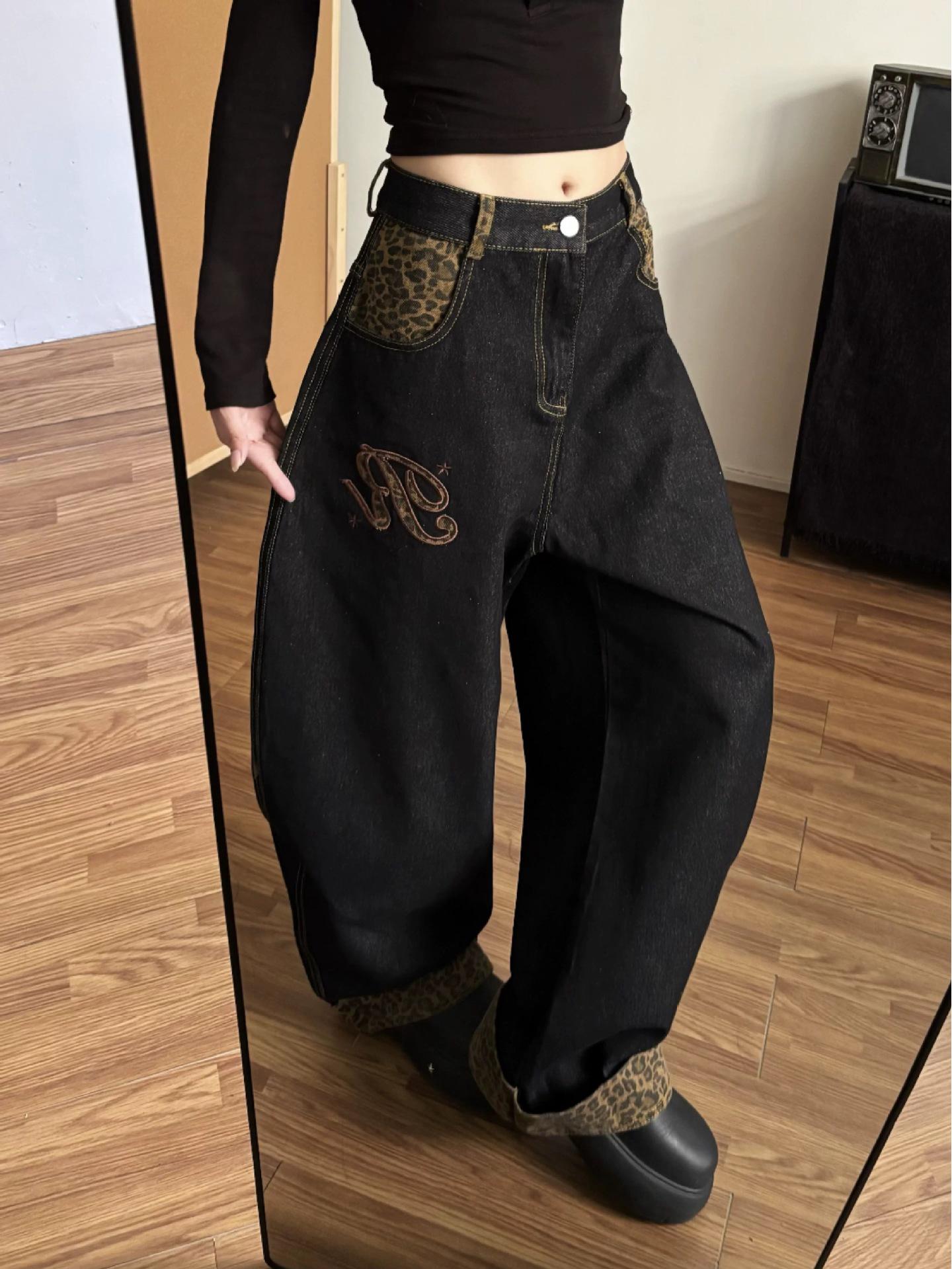 

Women s Designer Curved Leg Leopard Patchwork High Waist Wide Leg Jeans for 2026 Spring Small чёрный