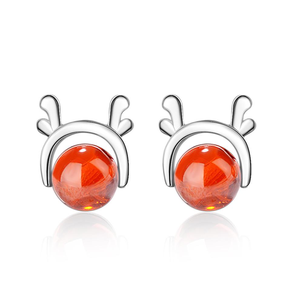 Garnet Reindeer Antler Studs: Festive Korean-Style Earrings for Women and Students