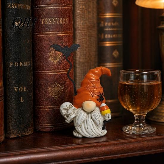 Spiders Bats Pumpkin Figurines Halloween Gnome Figurine, Small Resin Dwarf Table Decoration, Spooky Yard Decoration Bat Skull Statue for Tiered Tray,