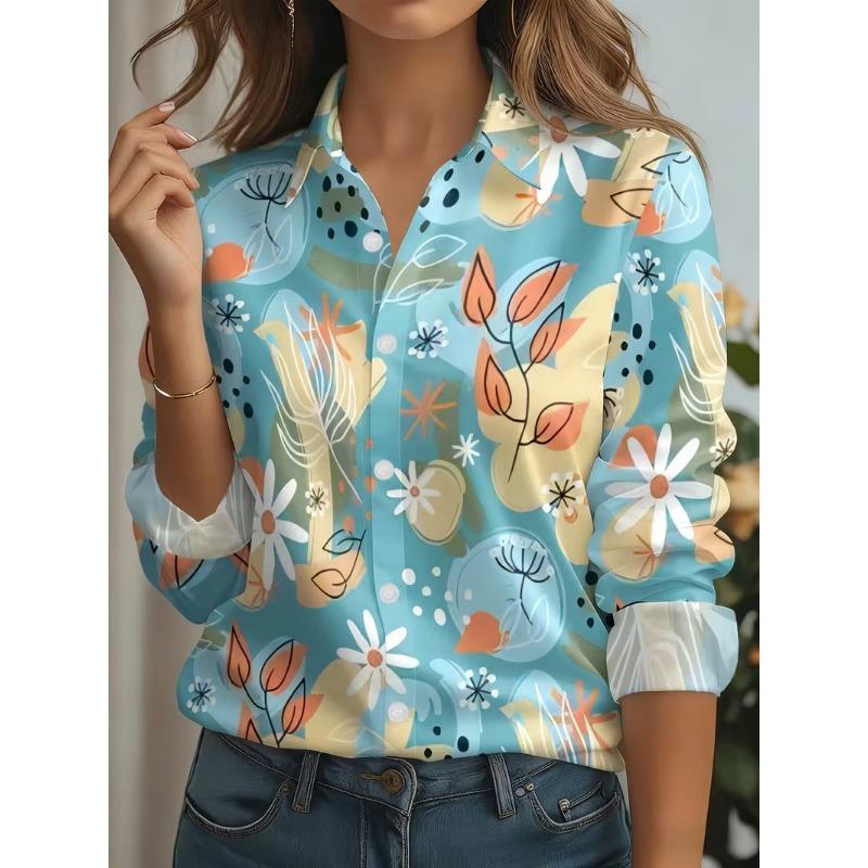 Spring Women's Button Shirt Elegant Colorful geometric patterns Lapel Blouses Long Sleeve Office Women Casual Printed Loose Tops