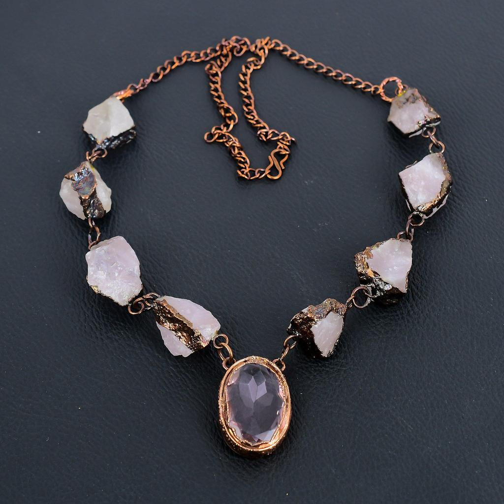 Rose Quartz Necklace Gemstone Jewelry, Copper Electroformed Adjustable Chain Necklace, Gift For Women Handmade Necklace