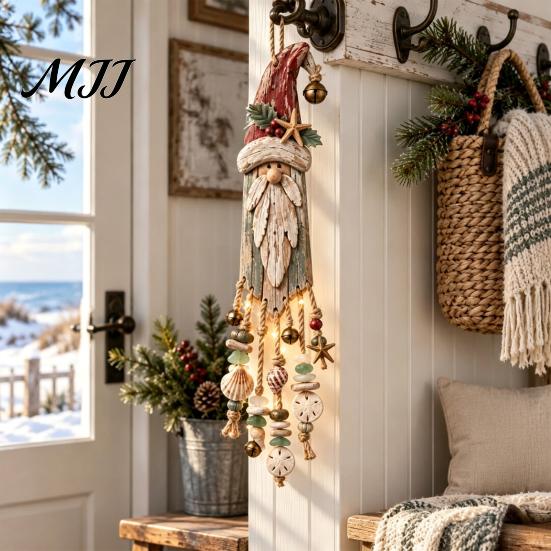 Coastal Style Christmas Window Light Santa Wooden Wall Hanging, LED Lighted Ornament with Rustic Ocean Flair Holiday Seashell, Starfish &