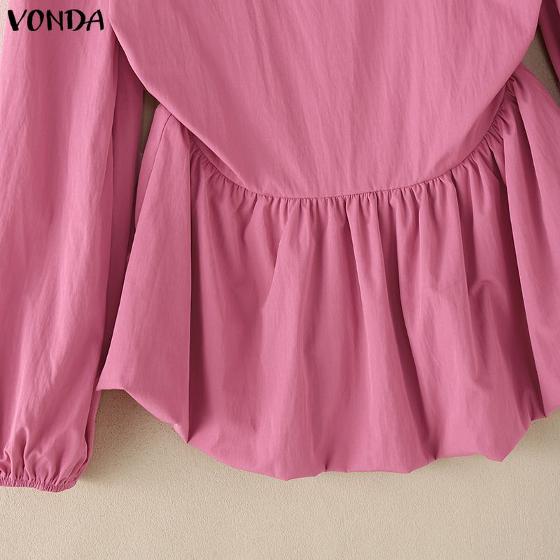 VONDA Womens Square Collar Long Sleeve Ruffled Casual Rumple Blouse Shirts