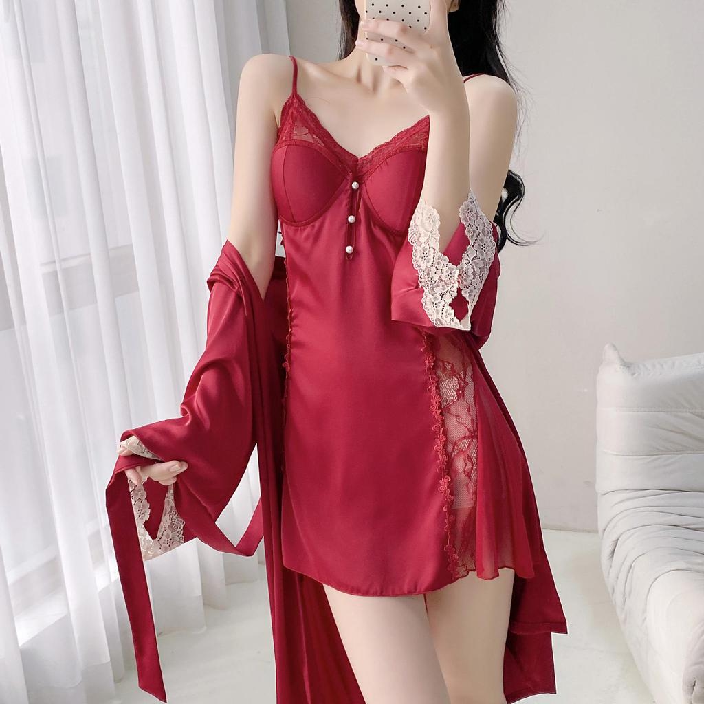 French-Style Ice Silk Lace Nightgown Set: Rich Girl Spring/Summer Two-Piece Camisole Dress with Chest Pads for Home Wear