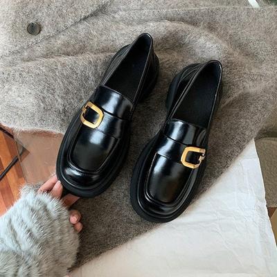 Printemps 2025 mocassin à plateforme à boucle carrée en métal à bout rond uni automne nouvelles petites chaussures en cuir pour femmes talon épais britannique