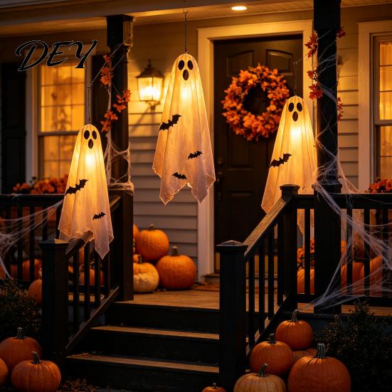 Holiday Yard Hanging Ornaments Scary Ghost Decor, Spooky Bat Print Decor for Porch Remote Control Tree, Glow-in-the-Dark Outdoor Halloween Decoration