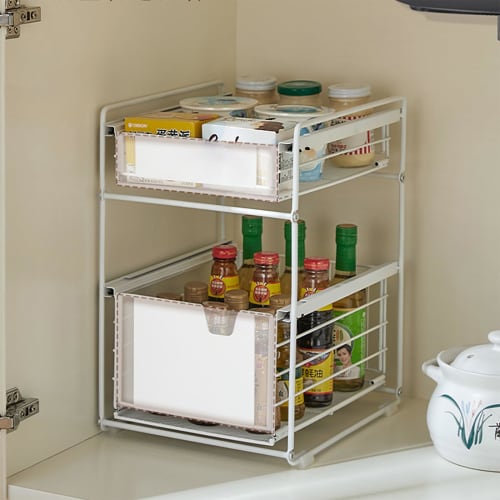 BQKOZFIN Under-Sink Storage Rack, Kitchen Storage, Sliding Drawers, 2 Tiers, 28cm Wide x 33cm Deep x 43cm High, Large Capacity, Under-Bathroom Storage
