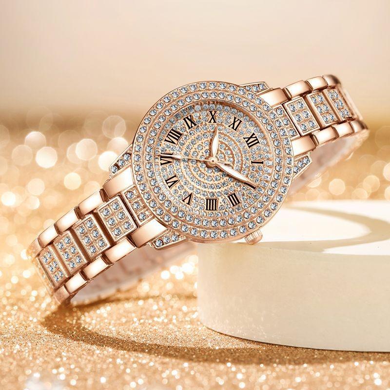 Luxury Diamond-Studded Roman Pattern Ladies Watch and Bracelet Set
