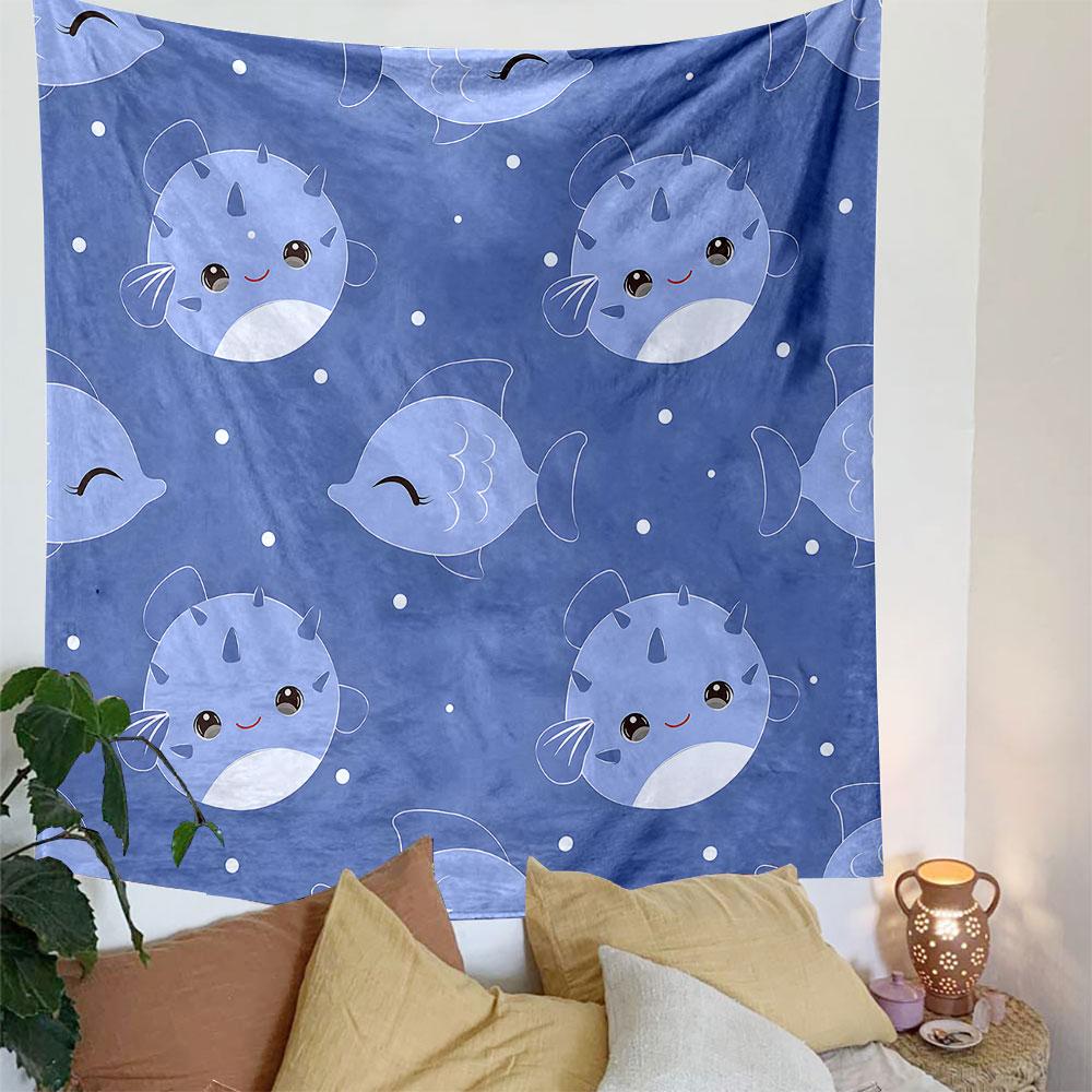 Cute Cartoon Fish Pattern on Blue Background Patterned Tapestry Decorative Wall Hanging, Home Bedroom Living Room Decor