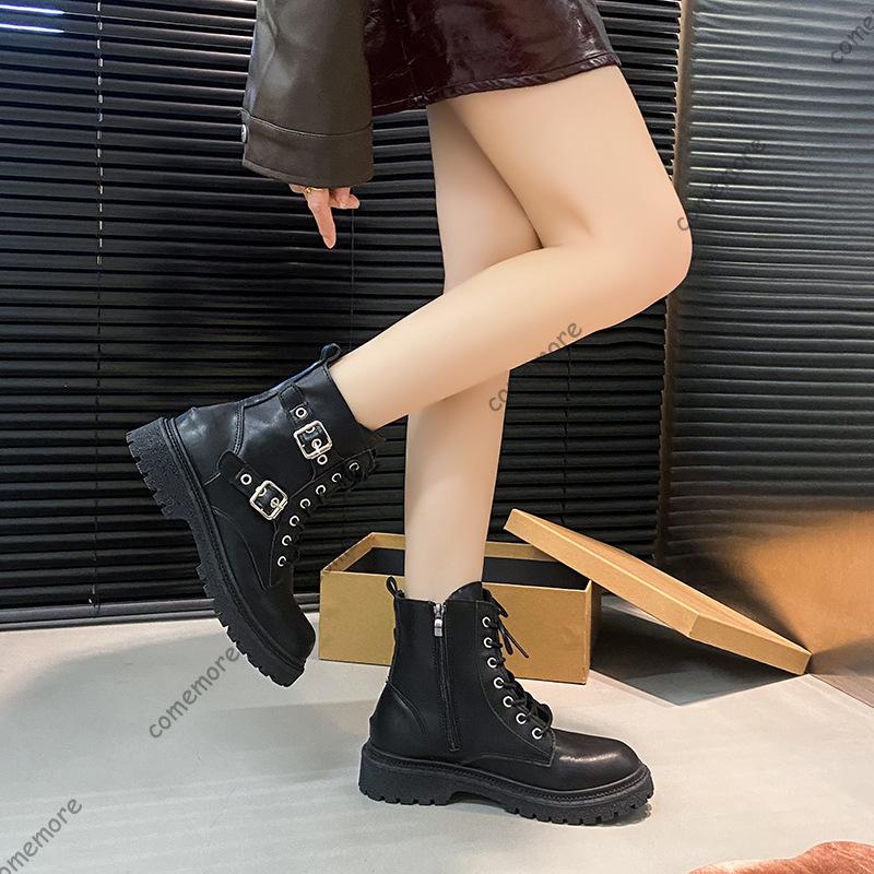 Comemore  Autumn Black Ankle Boots Square Heel Lace Up Women New Platform Short Motorcycle Botas Punk Style Women Shoes