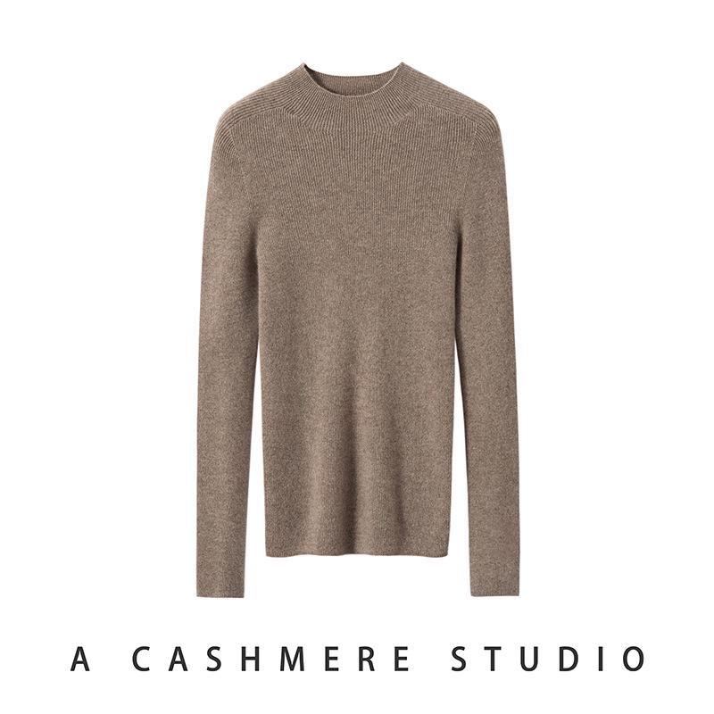 Women's Slimming Pure Cashmere Ribbed Pullover Sweater - Solid Color, Half-High Neck Knitwear