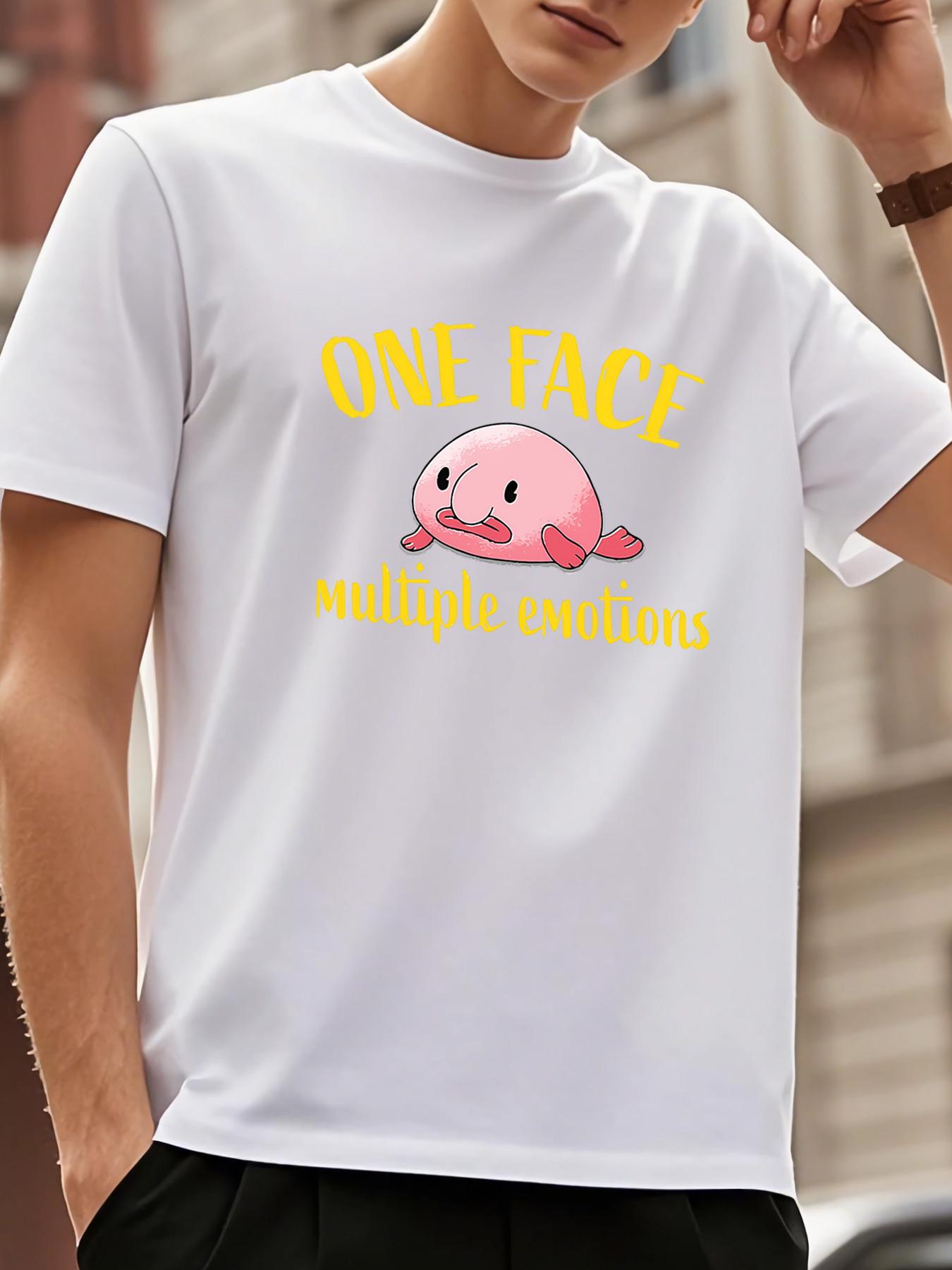 

European sizes Funny One Face Multiple Emotions Graphic T-Shirt - Pink Cartoon Character with One Face Text - Soft Everyday Tee S белый