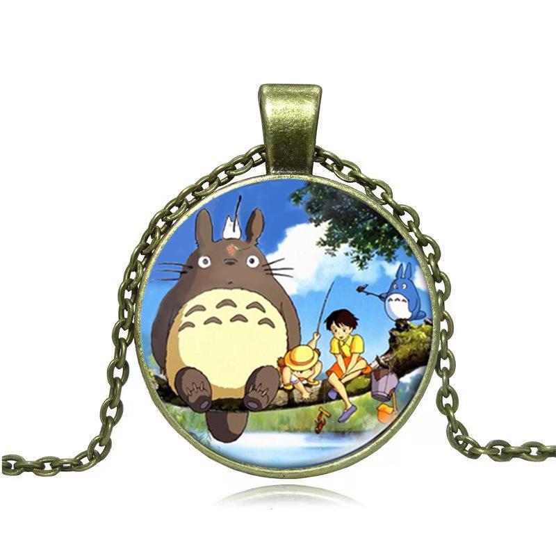 Time Gem Cute Totoro Pattern Round Glass Alloy Pendant Necklace