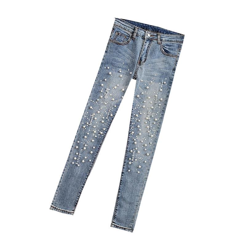 Genagelde Kralen Jeans Dames Lente/Zomer Veelzijdig Gaten Gescheurd Elastisch Skinny Potlood Broek Vrouwelijke Casual Denim Broek