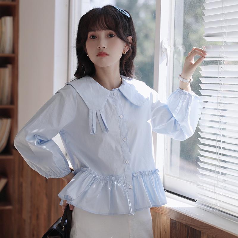 Women s Asymmetrical Doll Collar Ruffle Shirt - French Retro White Long Sleeve Medium белый