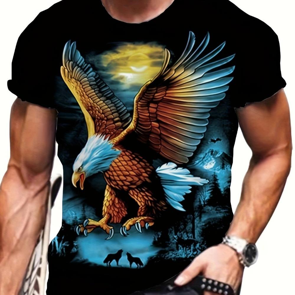 Men's Plus Size 3D Eagle Animal Pattern Printed T-shirt, Fashionable Short Sleeved Summer Top, Men's Clothing