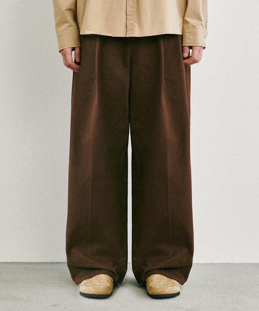 GLW Wide Double-Pleat Cotton Pants Brown