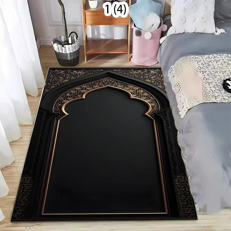 Muslim Prayer Rug with Crescent Moon Star Print Non-Slip Floor Mat for Islamic Prayer Black & Gold Themed Religious Area Rug 40cm x 60cm