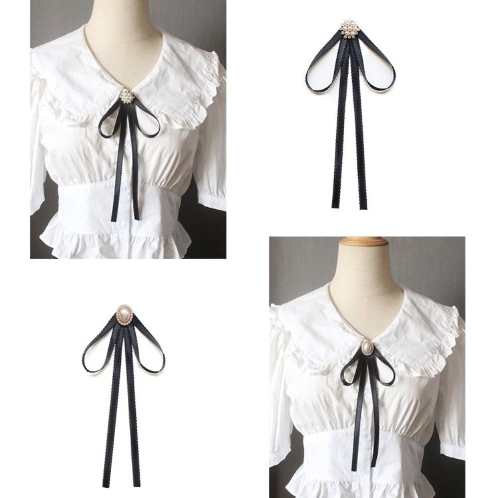 Pearl Black Bow Necktie Solid Color Ribbon Badge Brooch Sweet Funerals Memorial Pin  Shirts