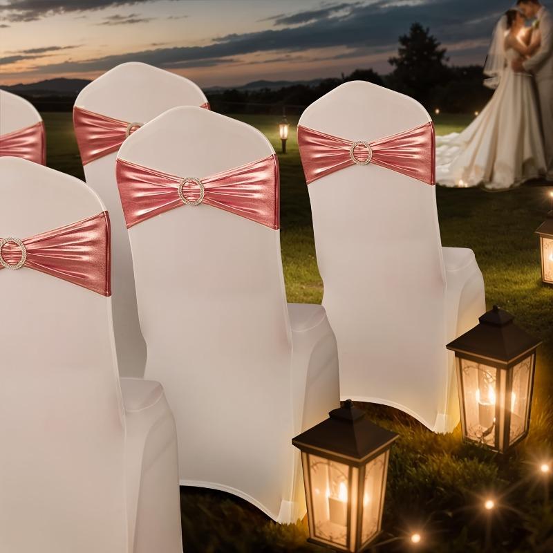 30pcs Elegant Golden Bow Chair Belts Elastic Bow Ribbon Chairs Back Decoration Gold Foil Tie Neatly Sewn Edges Sparkling Buckle