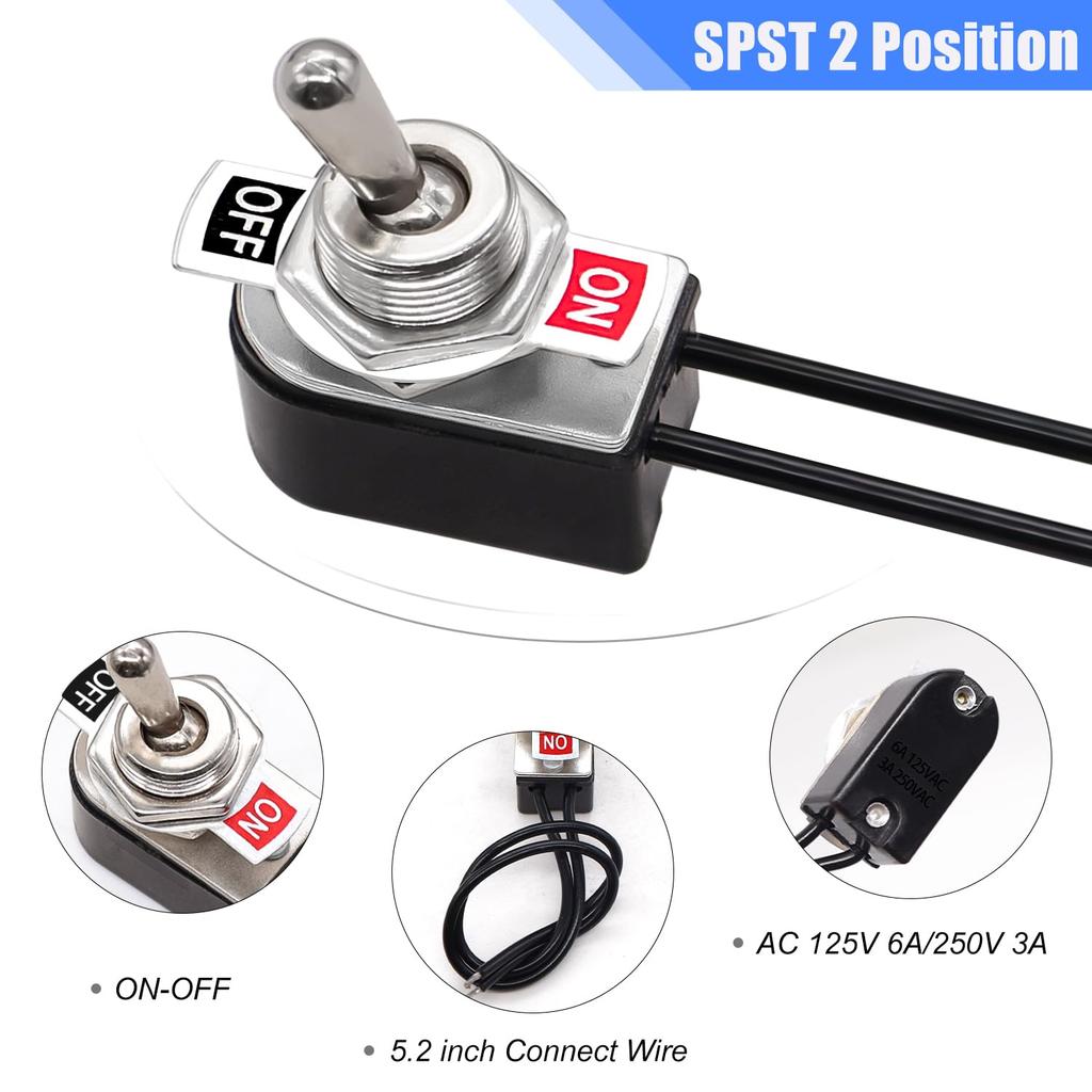 Taiss 2pcs Toggle Switch SPST 2 Position Latching ON/Off 6A AC 125V /10A DC 12V Toggle switches Incidental 5.2 inch Connect Wire Rocker Arm Switch