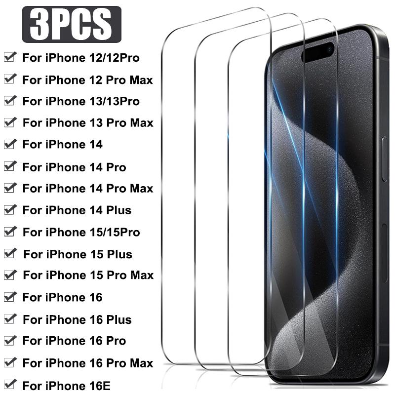 3 unidades de vidro temperado HD para iPhone 15 16 17 Max Plus 16E protetor de tela para iPhone 14 13 12 Pro Max 13Mini 12Mini vidro protetor