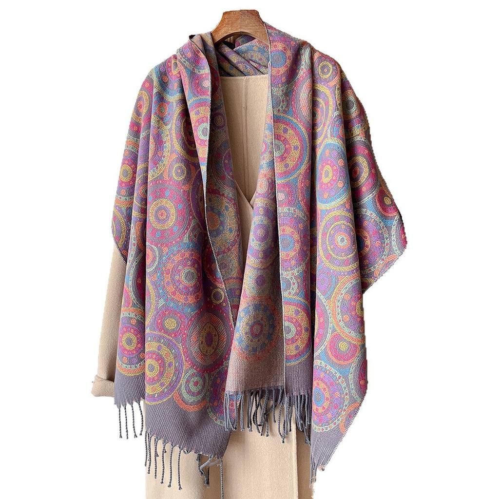 Manufacturer Cotton Scarf Shawl Circle Autumn And Winter Long Women'S Warm Fringed Jacquard Shawl Dual-Purpose Shawl