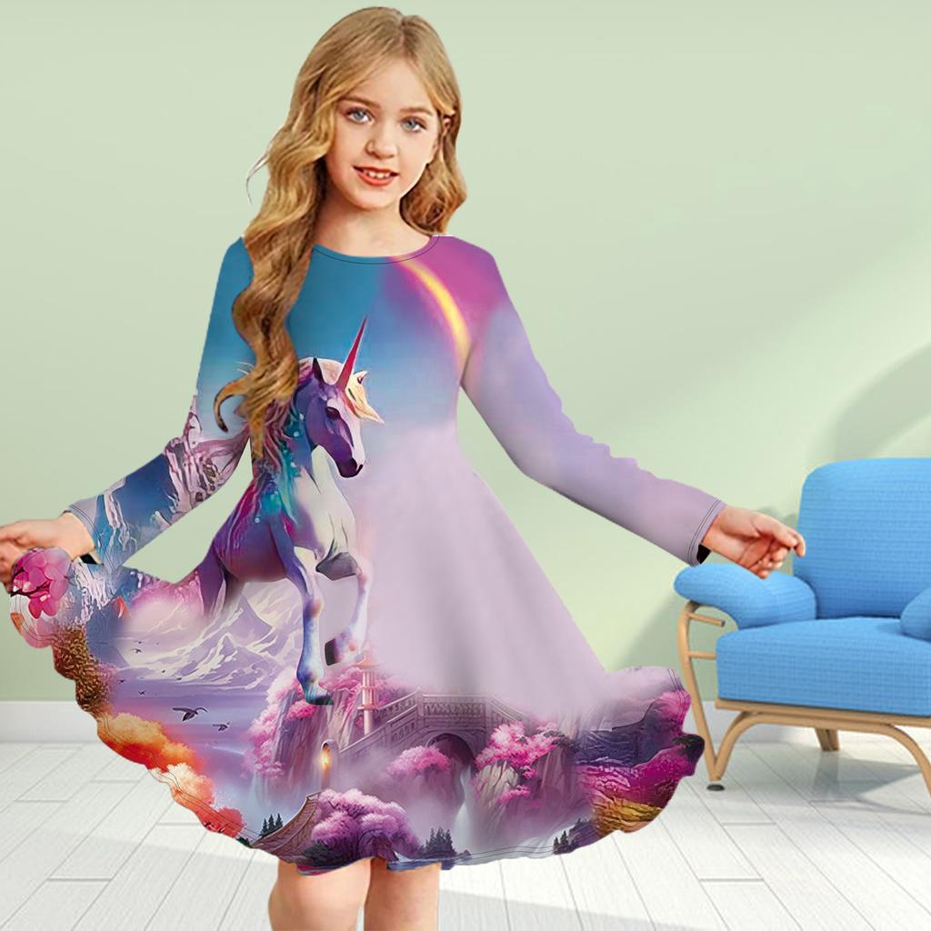Girl Casual 3D Print Black Flying Unicorn Round Neck Long Sleeve Dress Kid Princess Dress