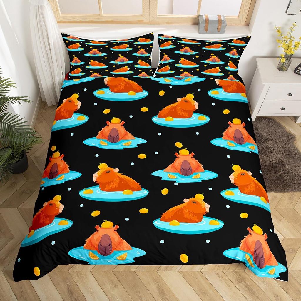 Cartoon Capybara Duvet Cover Twin Queen Toddler Botanical Leaves Funny Animal Bedding Set Graffiti Sketch Lines Comforter Cover