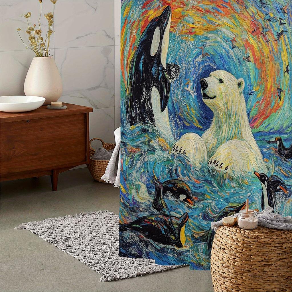Arctic Wildlife Waterproof Shower Curtain - Vibrant Polar Bear And Penguin Design For A Unique Bathroom Dcor Experience